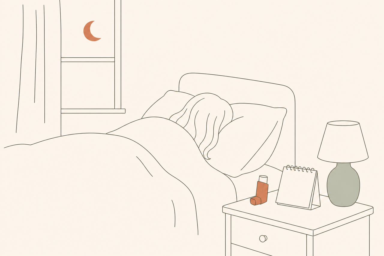 夜、静かに眠れている人の枕元に吸入薬と日めくりカレンダーが置かれた図